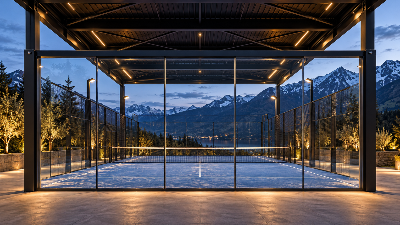 Panorama-Padelcourt unter moderner Stahlüberdachung mit Bergblick
