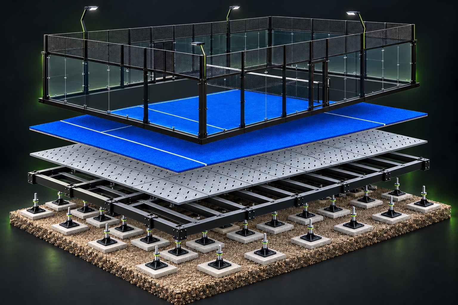 Explosionsdarstellung eines Padel Courts ohne doppelten Teppich mit blauem Teppich, gelochten Systemplatten, Stahlgitter, Nivellierfüßen und einzelnen Beton-Auflageplatten