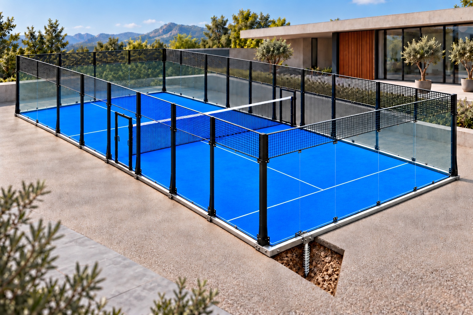Padel Court mit korrekt ausgerichteten Gitterfeldern auf einem bündigen mobilen Stahl-Fundamentrahmen und einem optionalen Erdanker im Schnitt